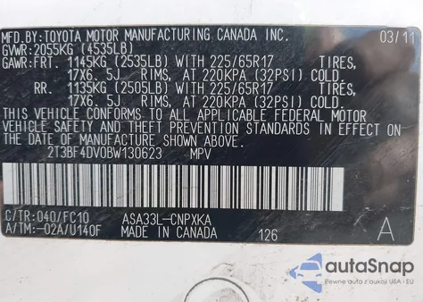 2011 Toyota Rav4 from USA, damaged, VIN 2T3BF4DV0BW130623